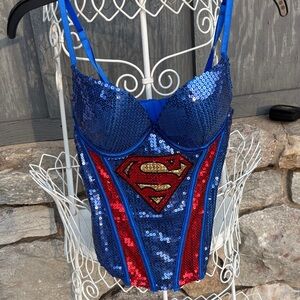 Sequined Super Woman Corset Top - Blue & Red M